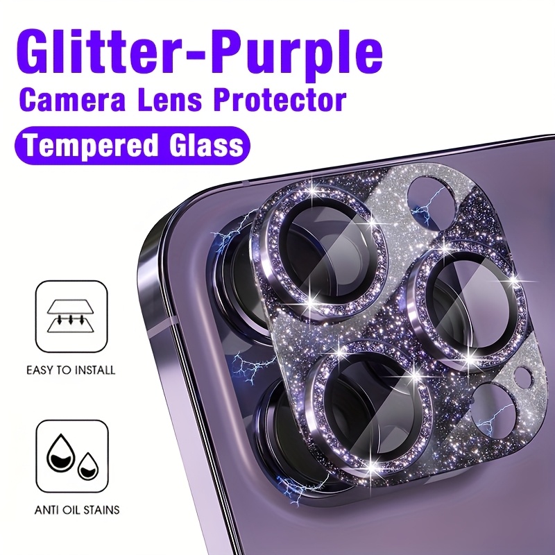 Tempered Glass Screen 9H - 아이폰 16/15/14/Plus/Pro/Pro Max용 글리터 퍼플 카메라